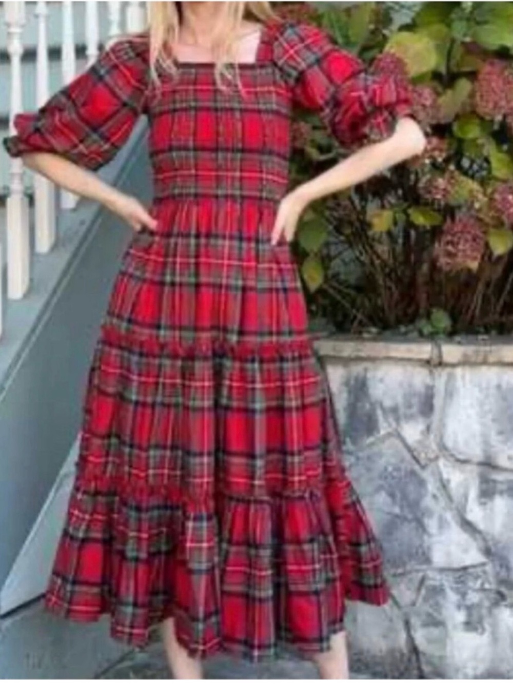 Red Plaid Tiered Midi Dress with Square Neckline and Puff Sleeves